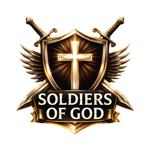 Logo with crossed swords, shield with cross, and 'Soldiers of God' text on a dark background
